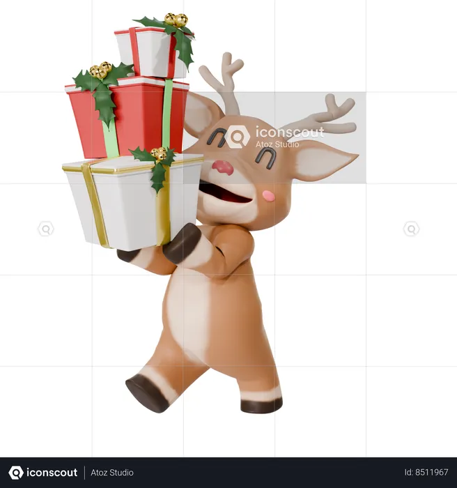 Deer Holding Christmas Boxes  3D Icon