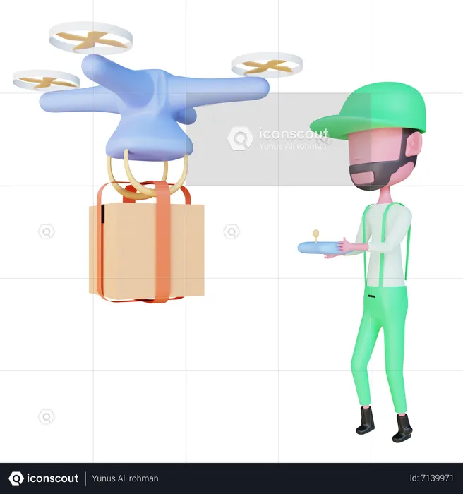 Delivery boy delivering package through drone  3D Illustration