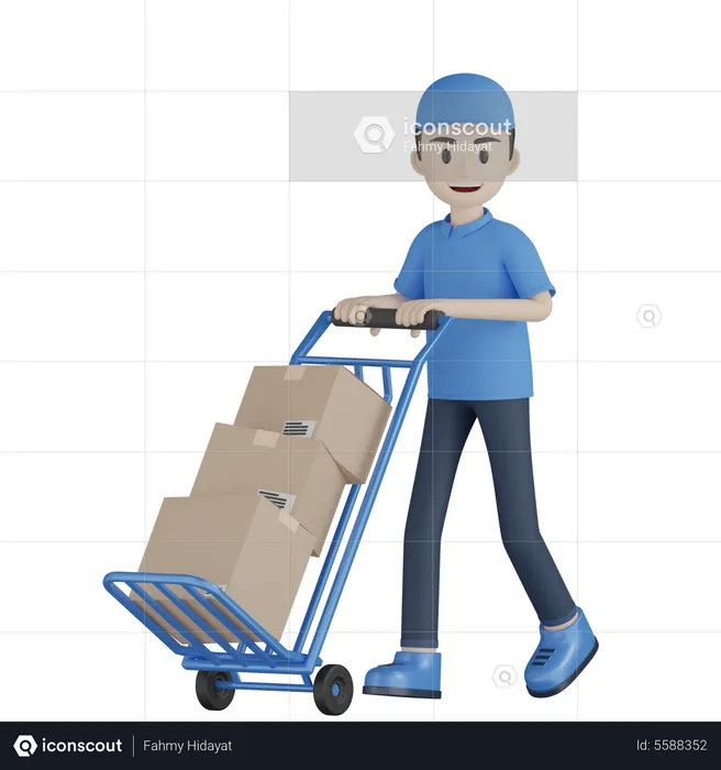 Delivery Boy Rolling Package Cart  3D Illustration