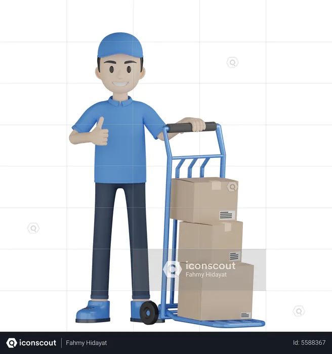 Delivery Boy Rolling Package Trolley  3D Illustration