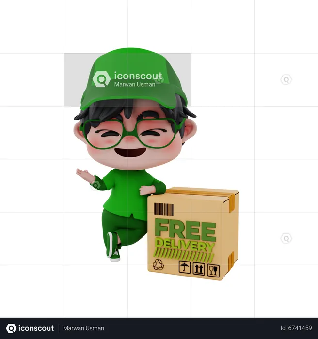 Delivery boy standing beside delivery box  3D Illustration