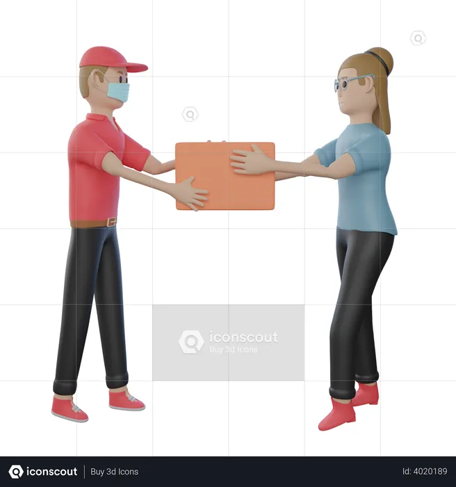 Delivery Boy with mask on handing the parcel over to customer  3D Illustration