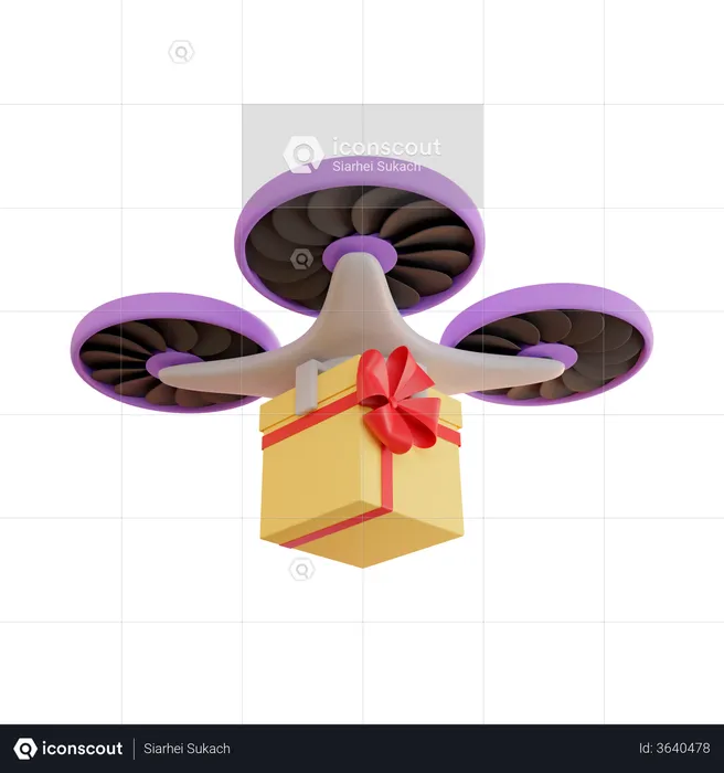 Delivery by drone of gift in yellow box  3D Illustration