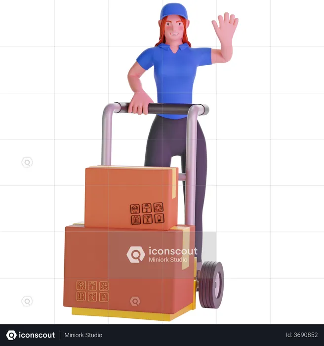 Delivery girl and Holding Trolley Loaded With Cardboard Boxes  3D Illustration