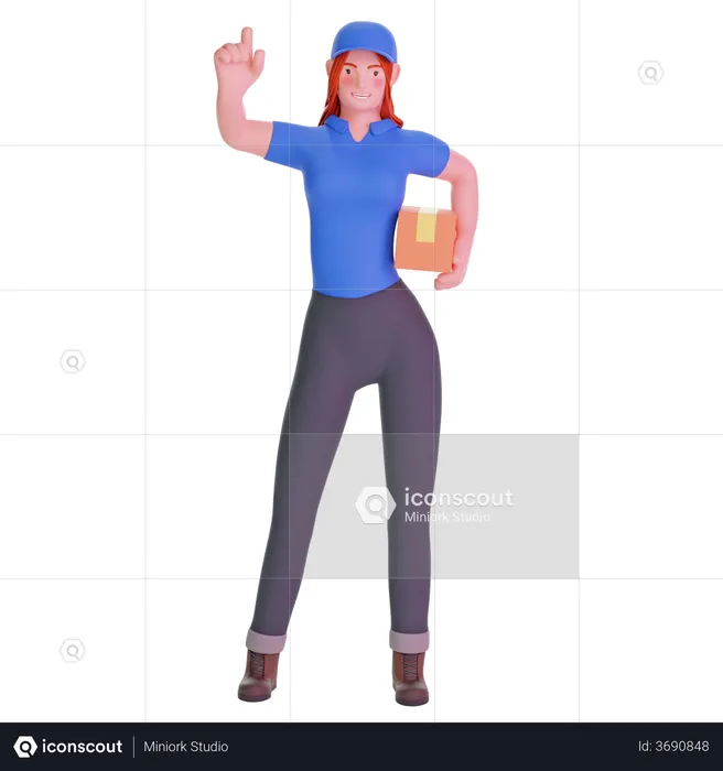 Delivery girl Pointing Hand Gesture in uniform and holding cardboard package  3D Illustration