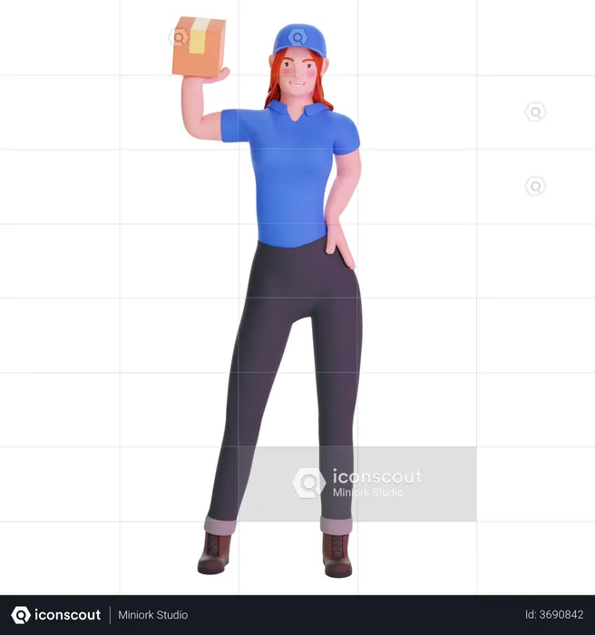 Delivery girl exited in uniform and holding cardboard package  3D Illustration