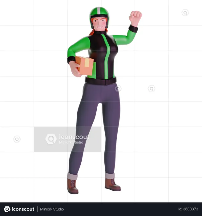 Delivery girl exited in uniform jacket and holding cardboard package  3D Illustration