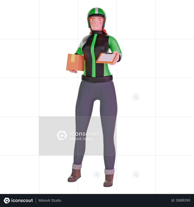 Delivery girl giving clipboard and holding package  3D Illustration