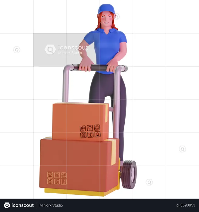 Delivery girl Holding Trolley Loaded With Cardboard Boxes  3D Illustration