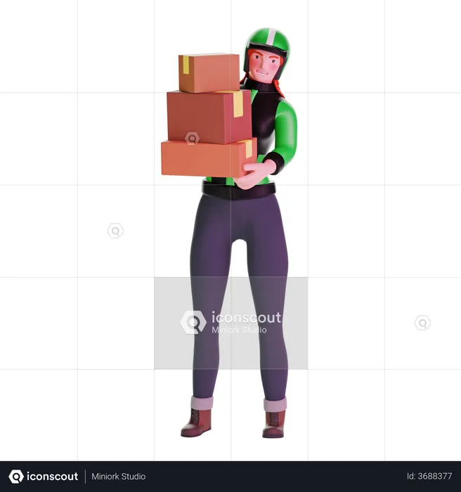 Delivery girl in uniform carrying boxes  3D Illustration