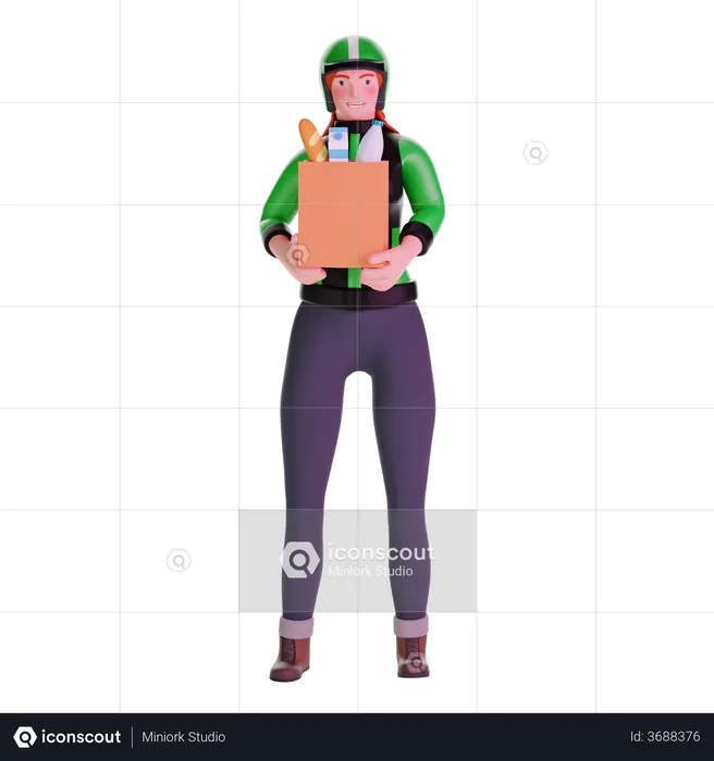 Delivery girl in uniform holding groceries  3D Illustration