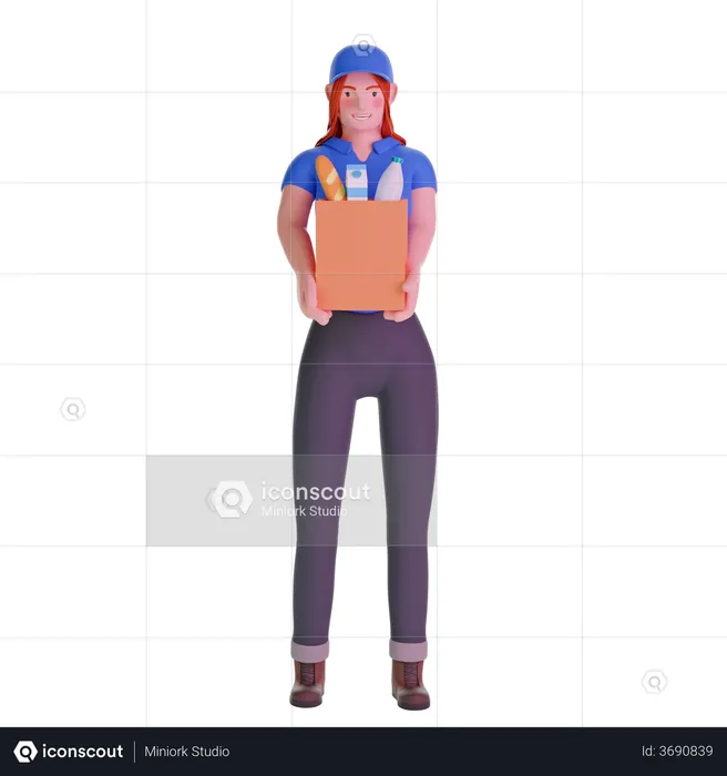 Delivery girl in uniform holding groceries  3D Illustration