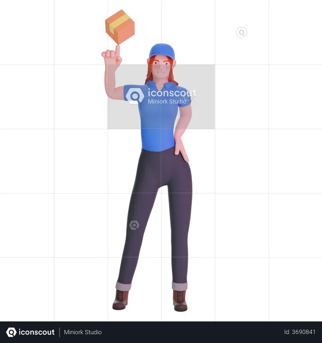 Delivery girl in uniform playing with cardboard box package  3D Illustration