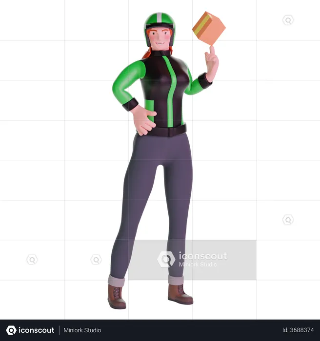 Delivery girl in uniform jacket playing with cardboard box package  3D Illustration