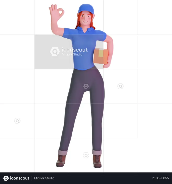 Delivery girl in uniform with ok hand gesture  3D Illustration