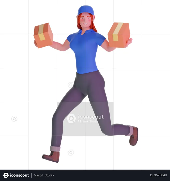 Delivery girl running fast holding cardboard package  3D Illustration