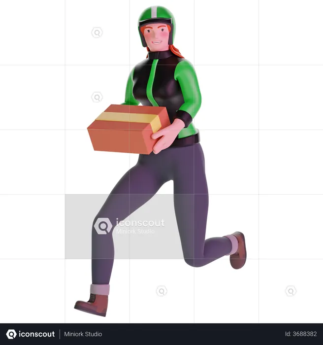 Delivery girl running fast holding cardboard package  3D Illustration