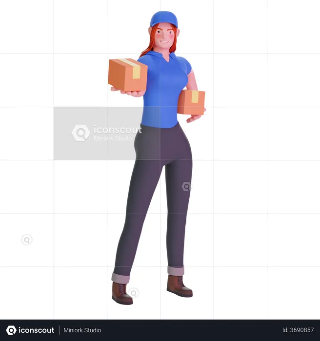 Delivery girl standing With Parcel  3D Illustration