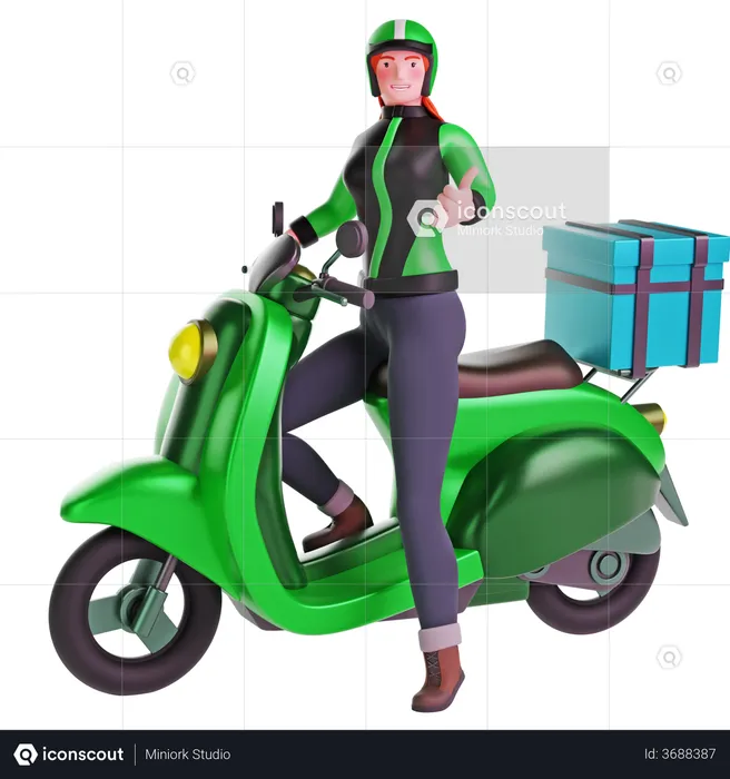 Delivery girl thumbs up hand gesture while riding motorcycle  3D Illustration