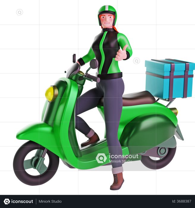 Delivery girl thumbs up hand gesture while riding motorcycle 3D Illustration