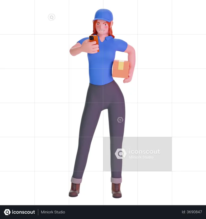 Delivery girl using phone and holding cardboard package  3D Illustration