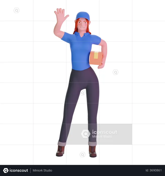 Delivery girl waving with parcel  3D Illustration