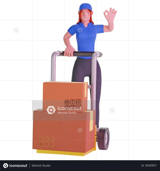 Delivery girl with ok hand sign gesture and Holding Trolley Loaded With Cardboard Boxes  3D Illustration