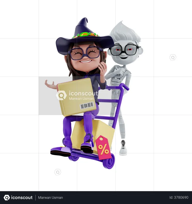 Delivery guys delivering halloween sale products  3D Illustration