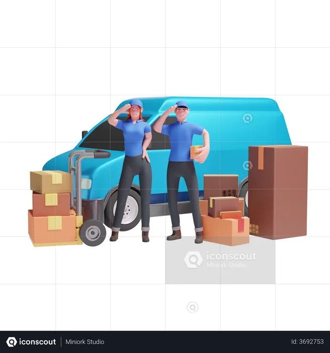 Delivery man and Delivery girl salute in front of van  3D Illustration
