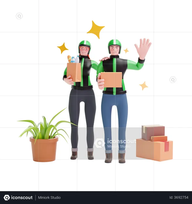 Delivery man and Delivery girl standing  3D Illustration