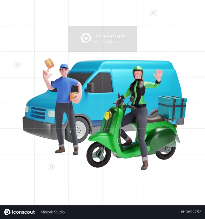 Delivery man and Delivery girl waving in van and scooter  3D Illustration