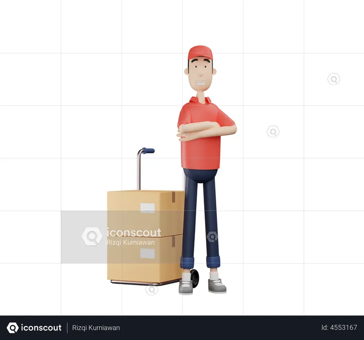 Delivery man beside package dolly  3D Illustration