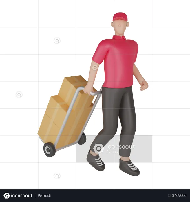 Delivery man carrying a shipment dolly  3D Illustration