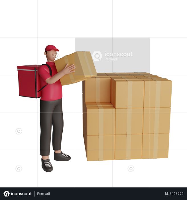 Delivery man carrying a shipment to a warehouse 3D Illustration