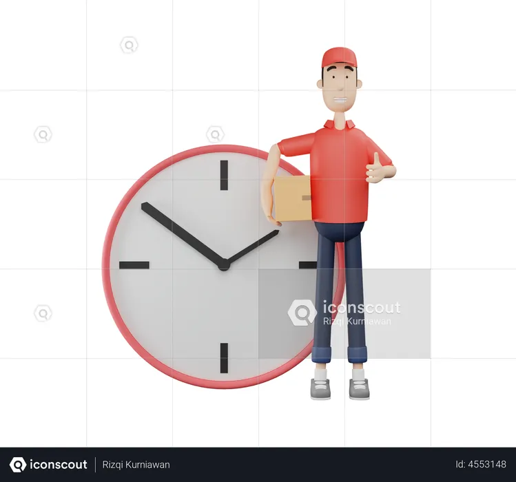 Delivery man carrying parcel box holding thumbs up beside big clock  3D Illustration