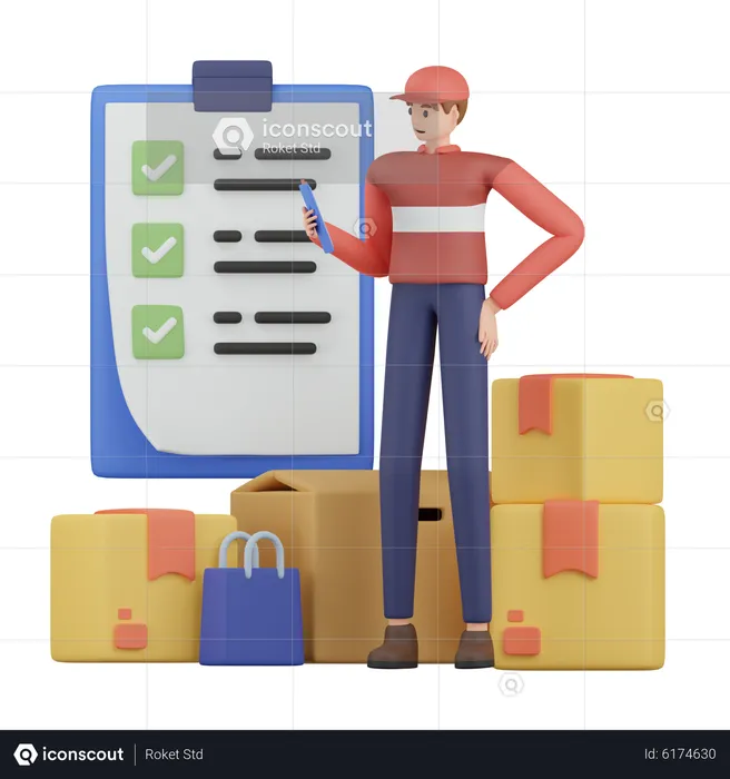 Delivery Man Checking Package List  3D Illustration