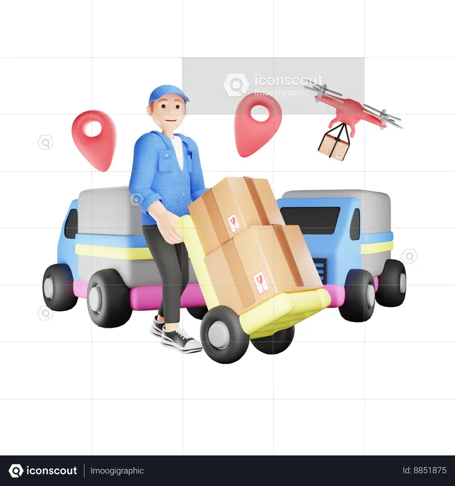 Delivery man delivering package through truck  3D Illustration