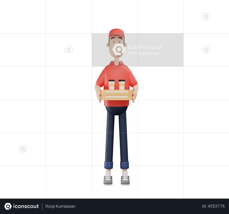 Delivery man doing pizza delivery with coffee cup  3D Illustration