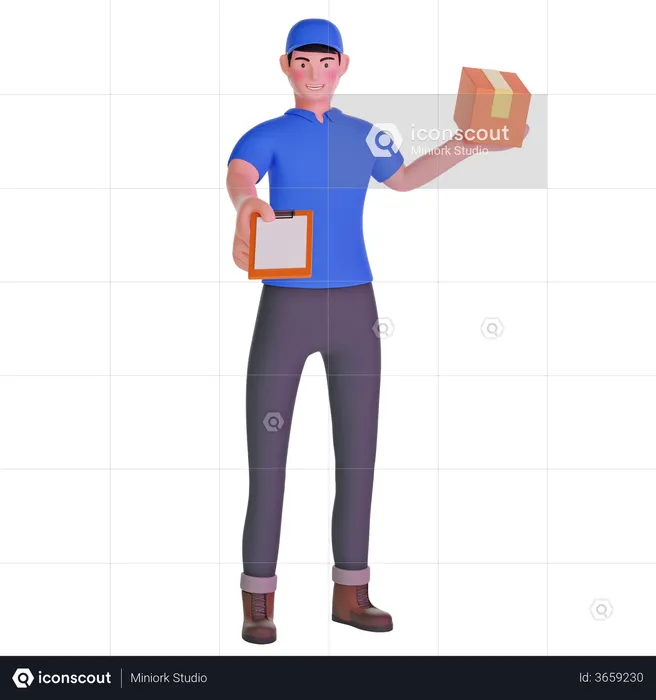 Delivery man giving bringing a package and holding out a clipboard  3D Illustration