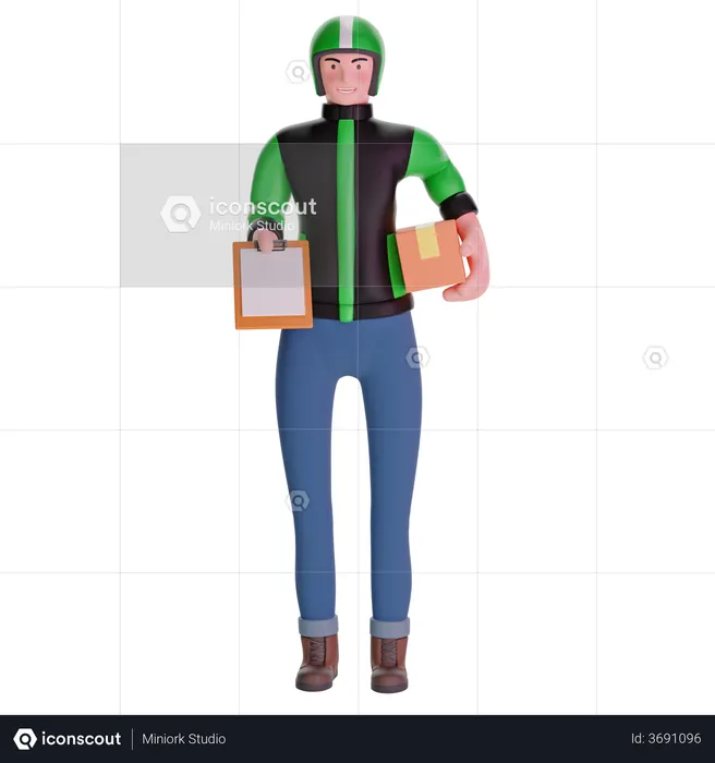 Delivery man giving bringing a package and holding out a clipboard  3D Illustration