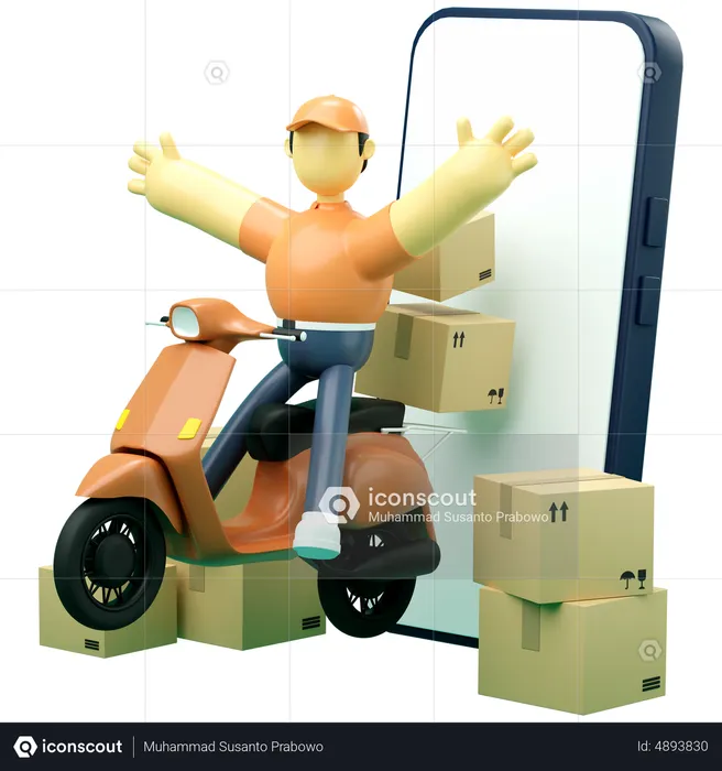 Delivery man giving delivery through mobile  3D Illustration