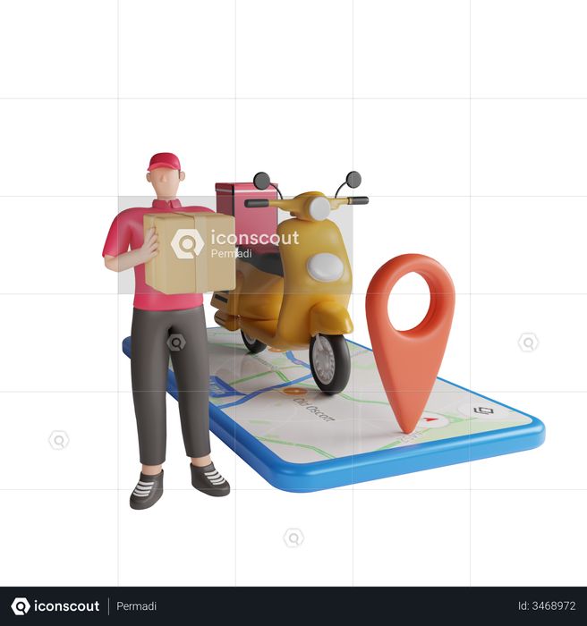 Delivery man going to delivery location on bike 3D Illustration
