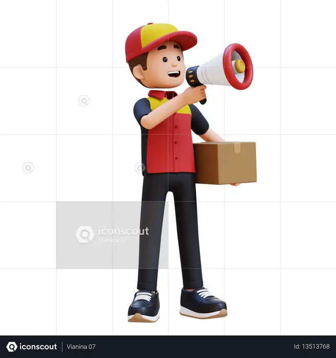 Delivery Man Holding Cardboard Box And Megaphone  3D Icon