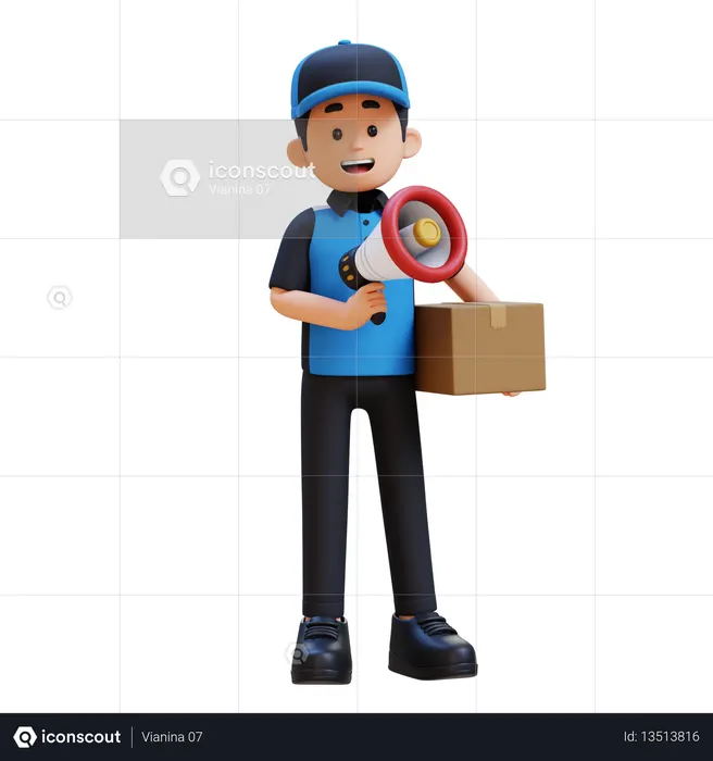 Delivery Man Holding Cardboard Box And Megaphone  3D Icon