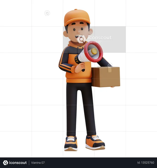 Delivery Man Holding Cardboard Box And Megaphone  3D Icon