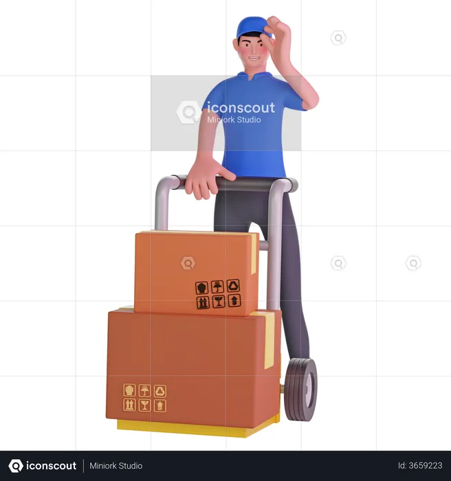 Delivery man holding courier hand on cap and trolley  3D Illustration