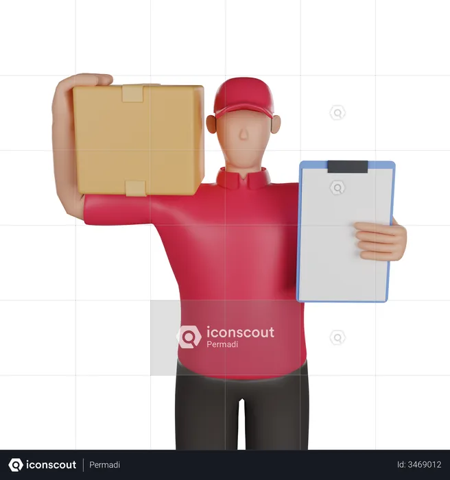 Delivery man holding delivery list and parcel  3D Illustration