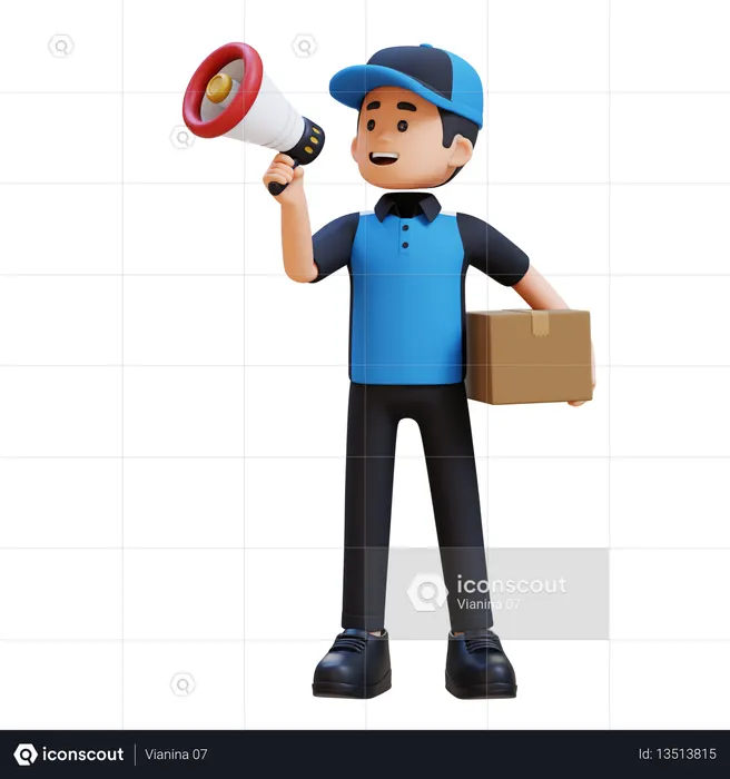 Delivery Man Holding Megaphone And Package  3D Icon
