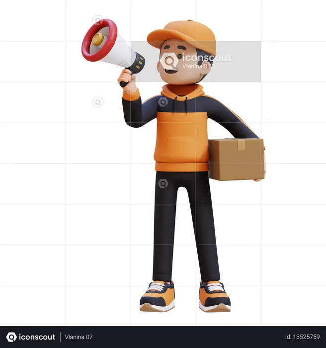 Delivery Man Holding Megaphone And Package  3D Icon