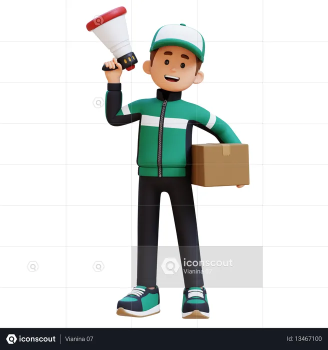 Delivery Man Holding Package And Megaphone  3D Icon